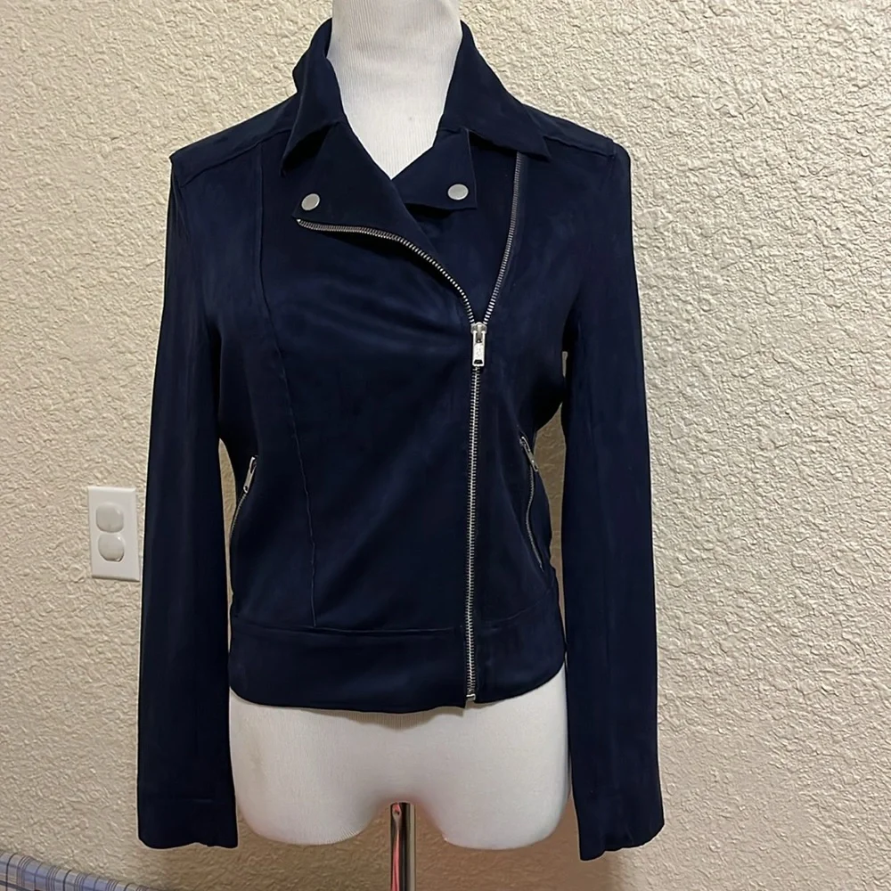 Level 99 Tabitha Vegan Suede Moto Jacket Navy Size Small - Picture 3 of 9